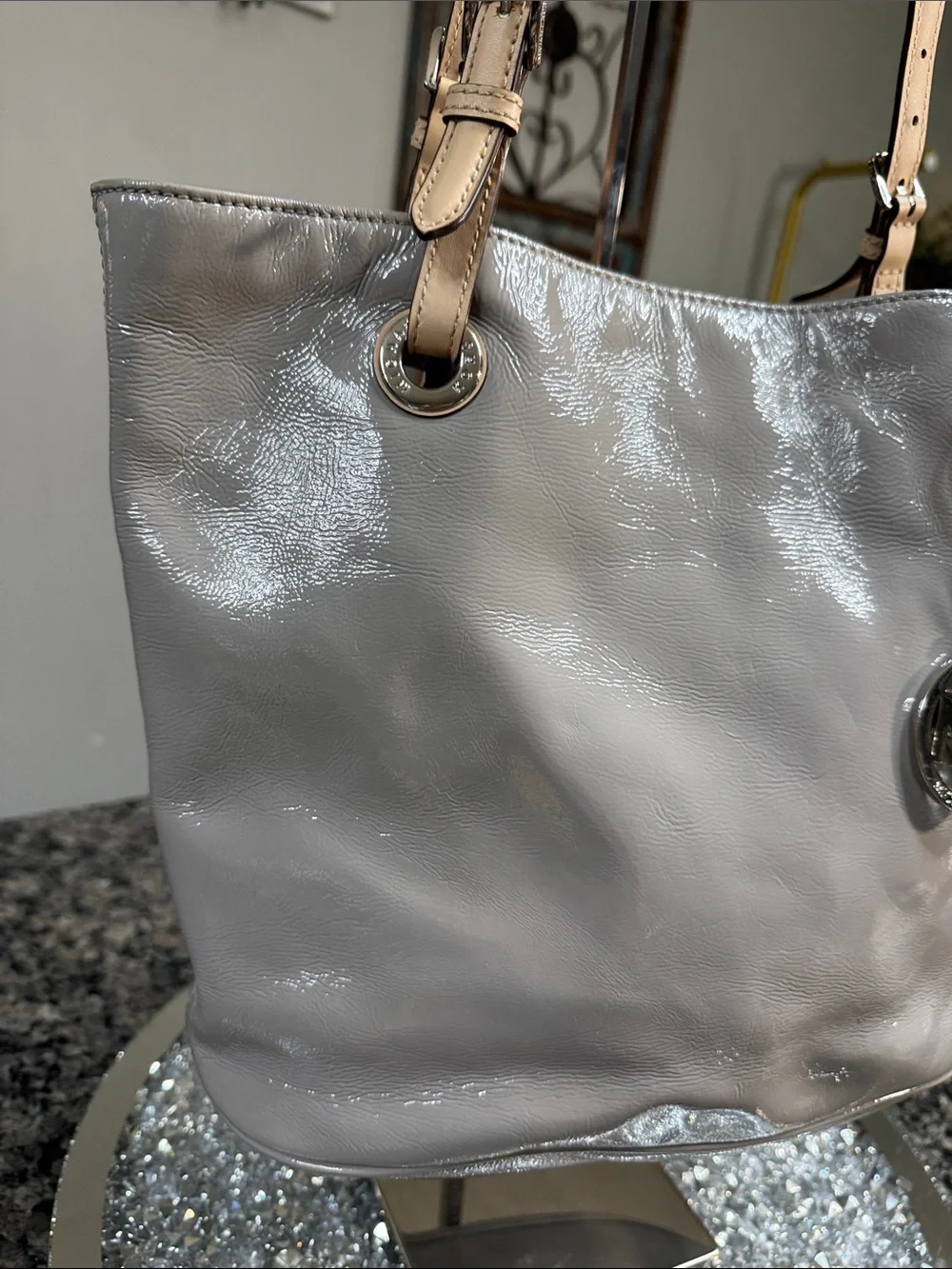 Michael Kors Light Gray Patent Tote with Beige Straps